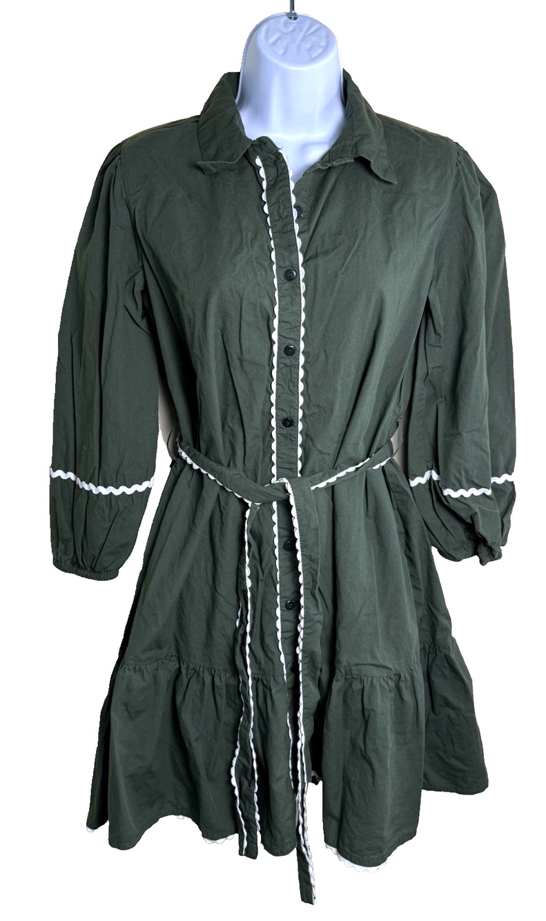 Vintage Kings Road shirt dress green white ric rac Medium Prairie Ruffle